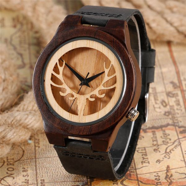 

vintage wooden watch deer elk head design men's cool black leather band novel bamboo wood quartz analog wristwatch, Slivery;brown