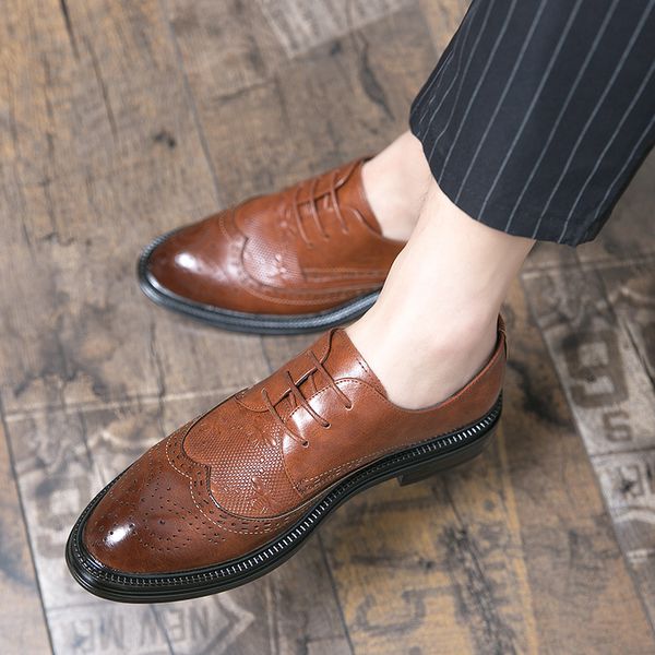 

men leather shoes fashion dress shoes lace up comfortable flat men work brogue business wedding, Black