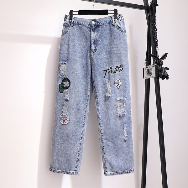 

300kg large size women's clothing fat mm2020 and jeans summer jeans loose hole patch casual straight slimming trousers, Blue