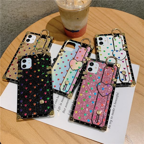 Custodia per telefono glitter di lusso per iPhone X XR XS 12 11 Pro Max 7 8 Plus Samsung Note20 S20 S10 A91 Cover per cinturino quadrato con cuore d'amore