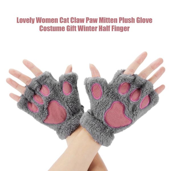 

1 pair women warmth fingerless plush fluffy soft warm stylish cute animal paw half finger covered gloves for girls, Silver