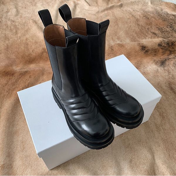

new arrival elastic band leather boots round toe flat chunky sole knight boots winter brand shoes women, Black