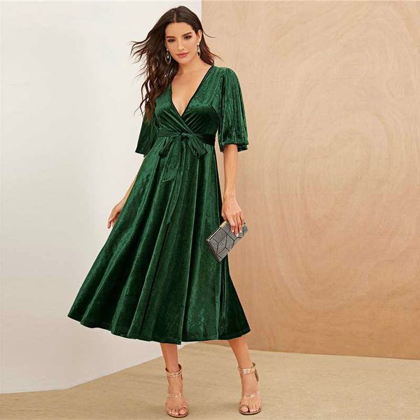 

green pleated sleeve wrap belted velvet dress short sleeve v neck women high waist spring glamorous flared dresses, Black;gray