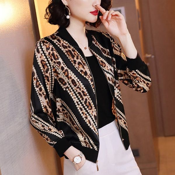 

tkhut leopard печати бейсбол одежда весна и лето 2020 женщин новый тонкий свободный пиджак в полоску с длинным рукавом шелк бейсбол костюм c, White;black