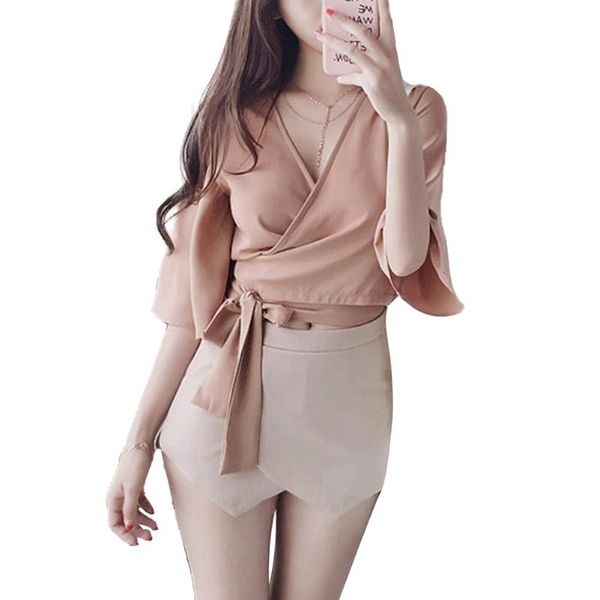 

blouse women solid color trumpet sleeve v-neck cross tie 3/4 sleeve wild temperament crop top, White;red