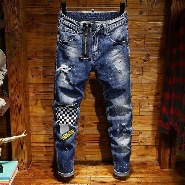 

новые джинсы тощих мужских рваных джинсов для мужчин упругой значок тонкой краски брюки мужчина одежда хип-хоп весна осенью синего, Blue