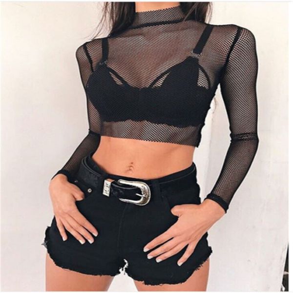 

women's hollow mesh net fish details high collar long sleeve ladies see through black o-neck blouses crop blouse tee, White