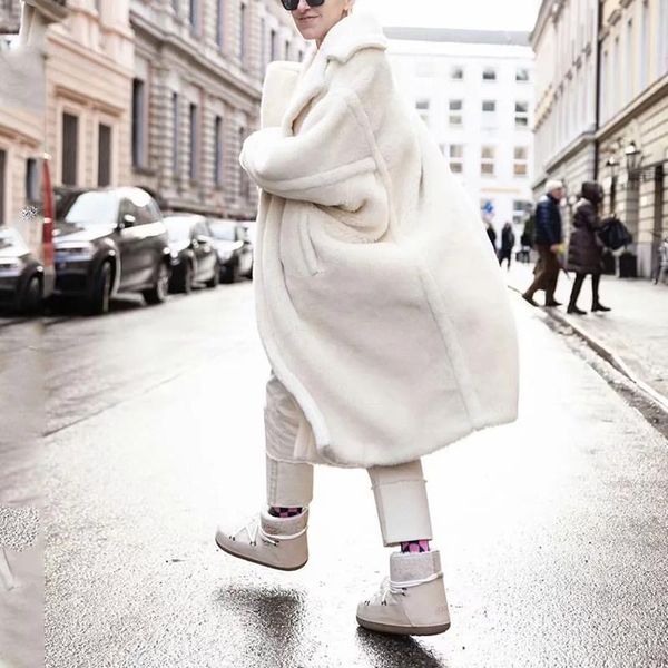

women's fur & faux winter coat women kawaii white vintage jacket fashion warm teddy plus size long coats korean streetwear, Black