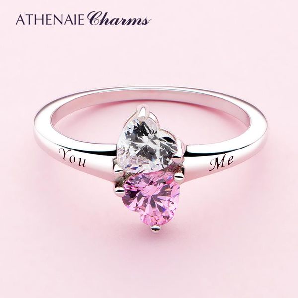 

athenaie hearts rings 925 sterling silver clear & pink cz two sparkling love you and me finger ring for women jewelry, Golden;silver