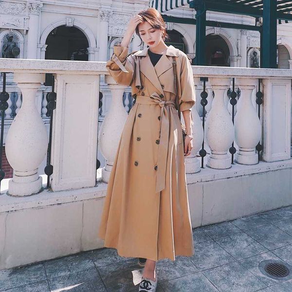 

women's trench coats elegant women coat dress double breasted long khaki lady cloak outerwear spring fall oversize loose clothing, Tan;black