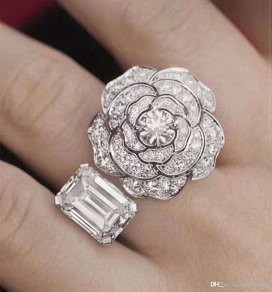 

european and american luxury s925 sterling silver camellia designer ring square diamond opening luxury designer jewelry women rings