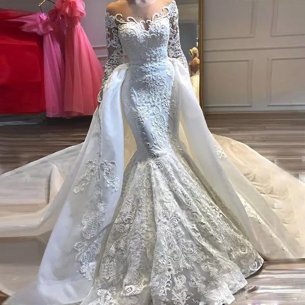 Abiti da sposa Sirena Treno staccabile Abiti da sposa Appliques in pizzo Taglie forti Gonna rimovibile Maniche lunghe Personalizzato