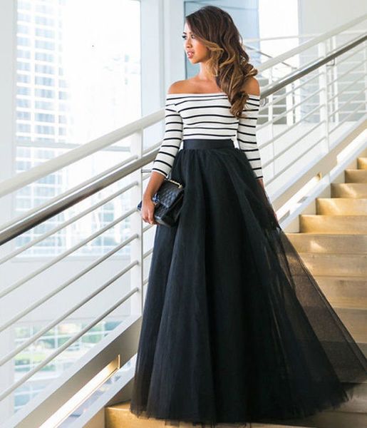 

2pcs women lady fashion striped blouse brief long sleeve off shoulder maxi striped party long skirt set 2pcs summer lady, Gray