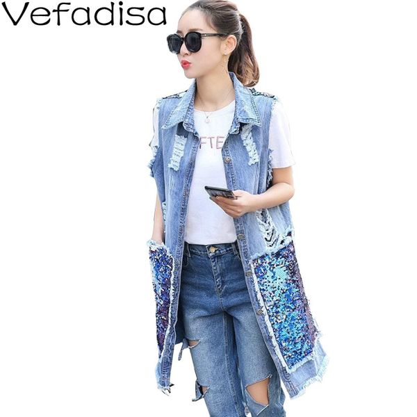 

vefadisa plus size sequin denim vest coat women sleeveless denim jacket 2020 autumn patchwork hole long vest coat blue zld545, Black;white