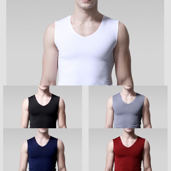 

2020 summer new ice silk seamless men' vest tight wide shoulder v-neck sports vest base thin, White;black