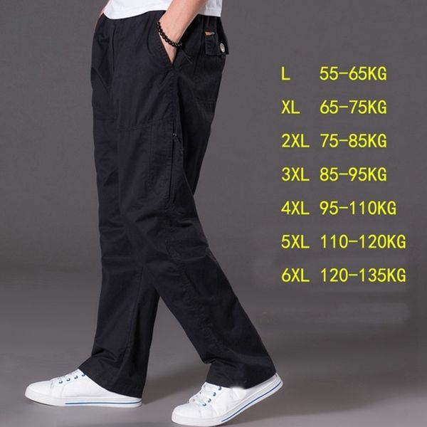 

spring summer casual male big 6xl multi pocket jeans oversize overalls elastic waist pants plus size men, Black