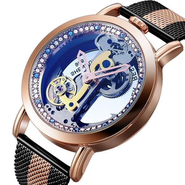 

skeleton transparent watch sapphire crystal women mechanical watch steel women automatic mechanical men1, Slivery;brown