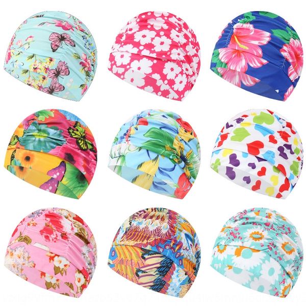 

and women's polyester solid color pattern color cloth swimming cap women's soft skin-friendly pleated swimming cap