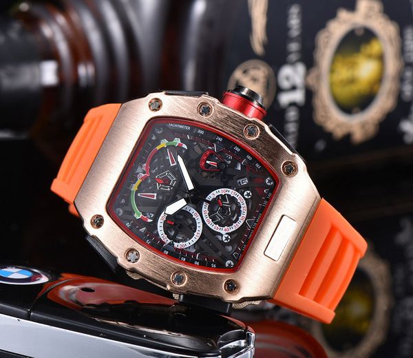 

red strap men fashion watch all dial work chrono stainless steel quartz movement rubber strap male sport wristwatch clock, Slivery;brown