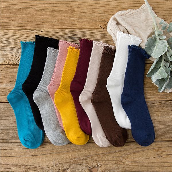

all-cotton wood lace candy ear stacked socks women's middle tube pure cotton roll lace candy color korean socks, Pink;yellow