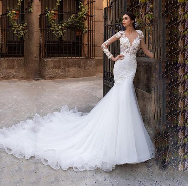 

retro full lace wedding dresses 2021 long sleeves sweep train bridal gowns elegant v neck covered button robe de mariée designer dress, White