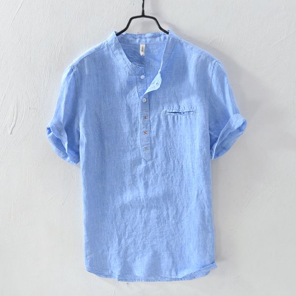 

men's t-shirts style summer linen round neck casual loose short sleeve cardigan stand collar 5527, White;black