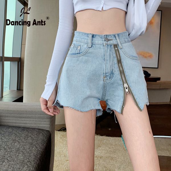 

women denim shorts high waist ripped zipper loose jeans shorts summer new female fashion casual a-line pants, Blue