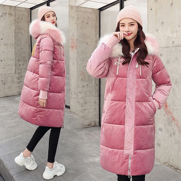 

winter pink velvet cotton padded parka jacket women thicken warm fuax fur collar hooded parkas 2020 casual korean ladies coat, Black