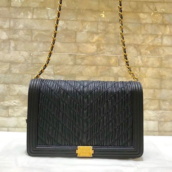 

new limited edition fortune bag 7a high-end custom quality tire cowhide chain bag of cross-body pleats fortune bag gable grain stitch