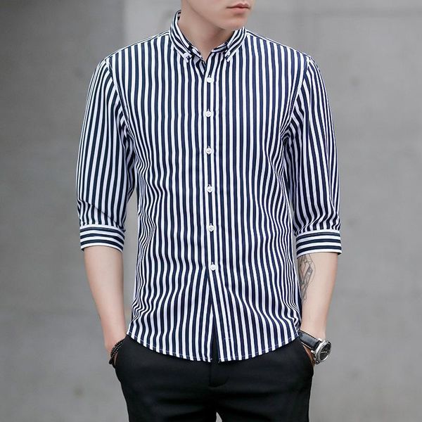 

men's casual shirts 2021 summer simple striped plus size seven-point sleeve shirt male slim temperament, White;black