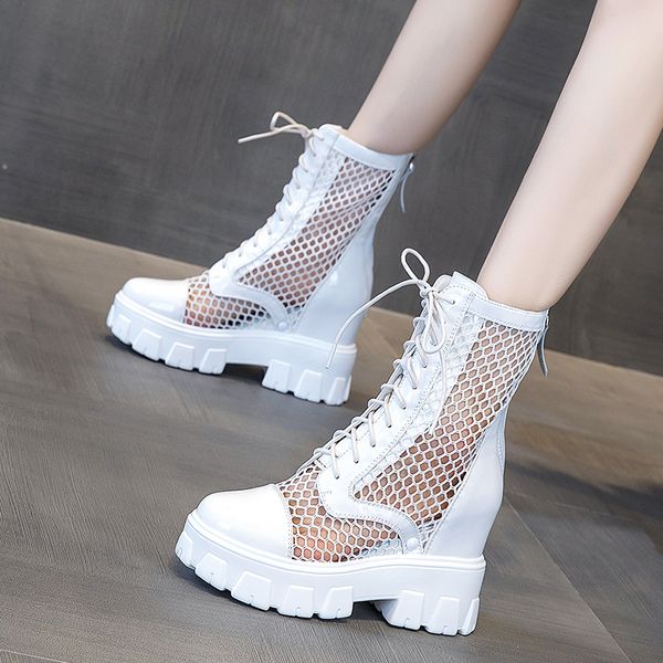 

mid calf platform sandals boots woman summer boots hollow out mesh wedges women's spring shoes increased heel black white