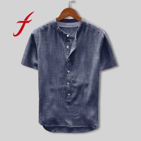 

feitong solid boho shirt men's summer casual cotton linen blouses short sleeve blouse summer short sleeve loose shirt blusas, White;black