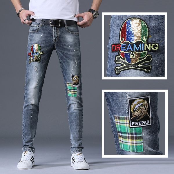 

y6gry spring casual pants jeansjeans and jeanssummer men's jeans men's fashion brand high-end slim fit feet thin casual pants embr, Blue