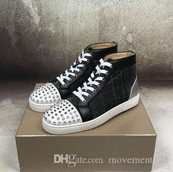 

2019 spikes high red bottom sneakers shoes women men luxury designer studded casual flat casual red sole party shoes, Black