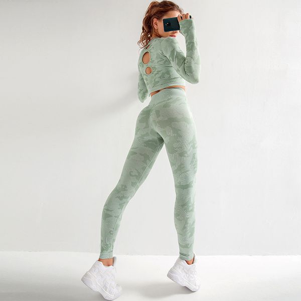 

sportswear cross-border explosion models seamless camouflage suit womens high elastic slim fitness two-piece set factory direct, Gray