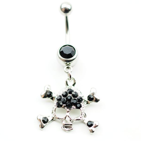 

d0156 ( 3 colors ) the skull styles 059-01 piercing body jewelry belly button navel rings with clear and black colors, Silver