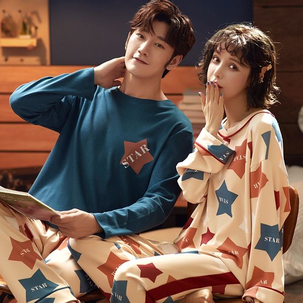 

1sd9k couple spring autumn long sleeve cotton korean style men's pajamas pajamas and women's sports suit autumn and winter all-cot, Black;brown