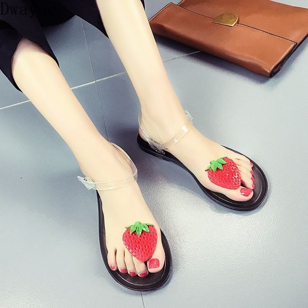 

strawberry sandals new sandwich toe transparent flat princess wind crystal shoes female, Black