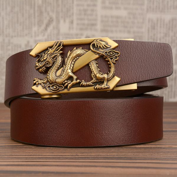 

fashion belt buckle cowskin leather belt golden chinese pattern metal buckle for men, Black;brown