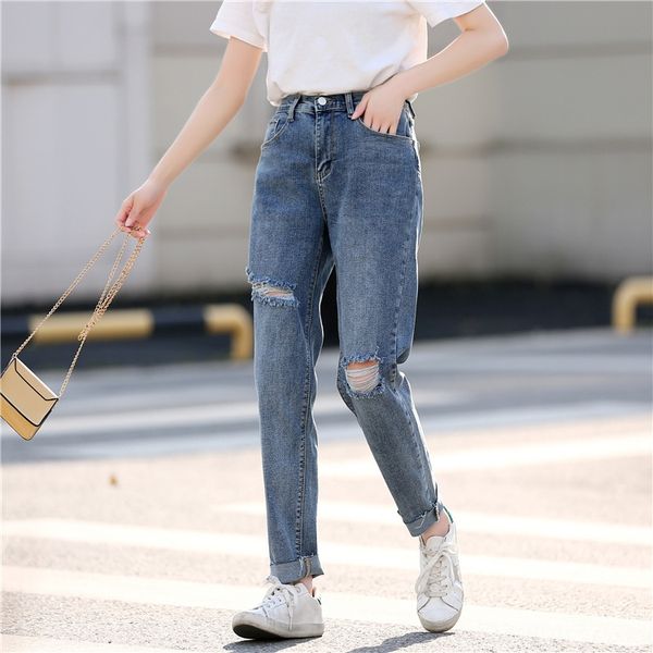 

wm3ly 2020 spring new fashion ripped skinny korean and jeans trousers and jeans style plus size stretch slimming curling ankle-length pants, Blue