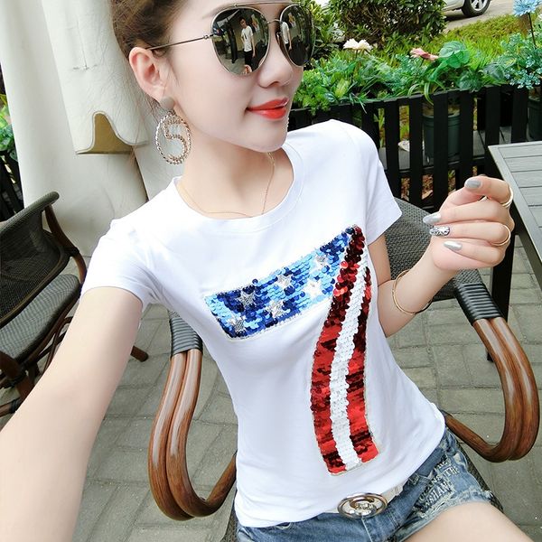 

ewx7q 2020 summer new sequin letter fashionable cotton short-sleeved women's slim suit sequins t-shirt sequins half-sleeved t-shirt wom, White