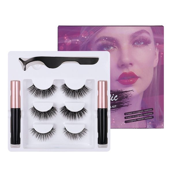 

3 pairs 3d magnetic false eyelashes eyeliner tweezers set waterproof natural long sticky magnet eyelashes extension set with 2pc