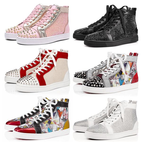 

designer luxury genuine leather high low cut red bottoms mens shoes studded spikes flat sneakers genuine leather casual trainers size 13, Black
