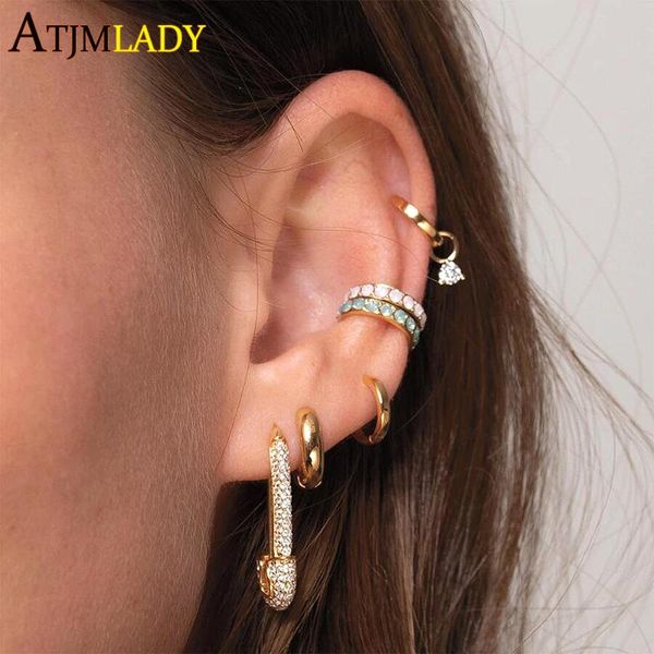 

rianbow cz earrings 2020 crystal round trendy new full sparking bling jewelry micro pave cz unique safety pin stud earring, Golden;silver