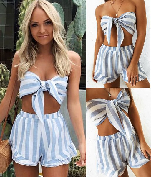 

2 piece set women striped bow crop + short summer festival clothing 2 piece set womens outfits beach woman set, Gray