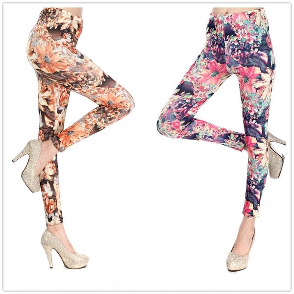 

9281 style oil painting flower tight milk silk tight pants big flower ankle-length pants milk silk printed leggings, Black