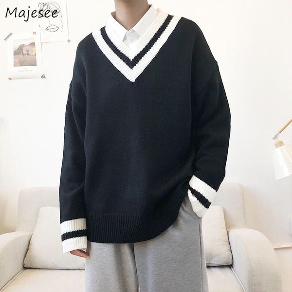 

pullovers men autumn patch designs v-neck plus size 3xl knitted long sleeve sweaters ins trendy casual students pullover bf, White;black