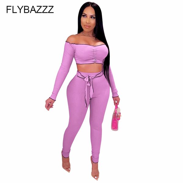 

ruffle ribbed two piece set autumn women solid slash neck off shoulder long sleeve crop lace up pants yoga leggings set, White;red