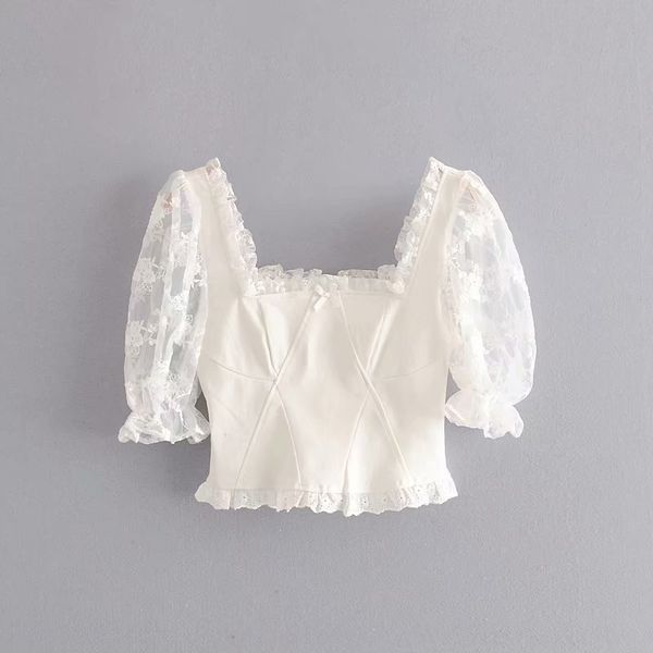 

women's 2020 summer ougen yarn sleeve stitching square collar bubble white shirt sleeve short white shirt top