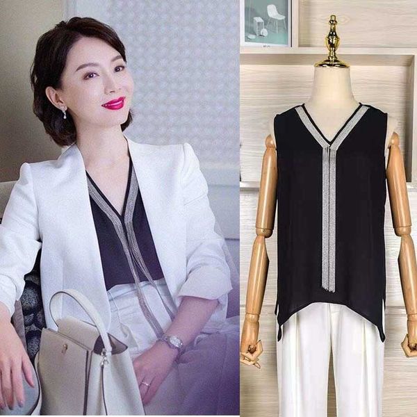 

03bxz stella chen shu same style sling black and white inside sling vest silk satin wear outside imitation silk satin sleeveless v-neck meta, Camo